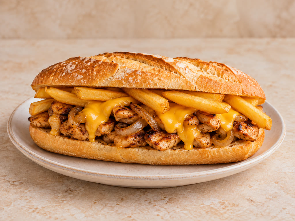 Poulet oignons grillés cheddar frites